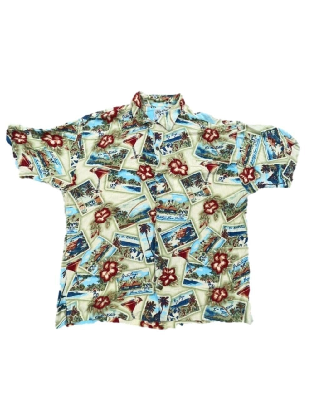 BIG DOGS Postcard Floral Hawaiian Button Down Short Sleeve Shirt